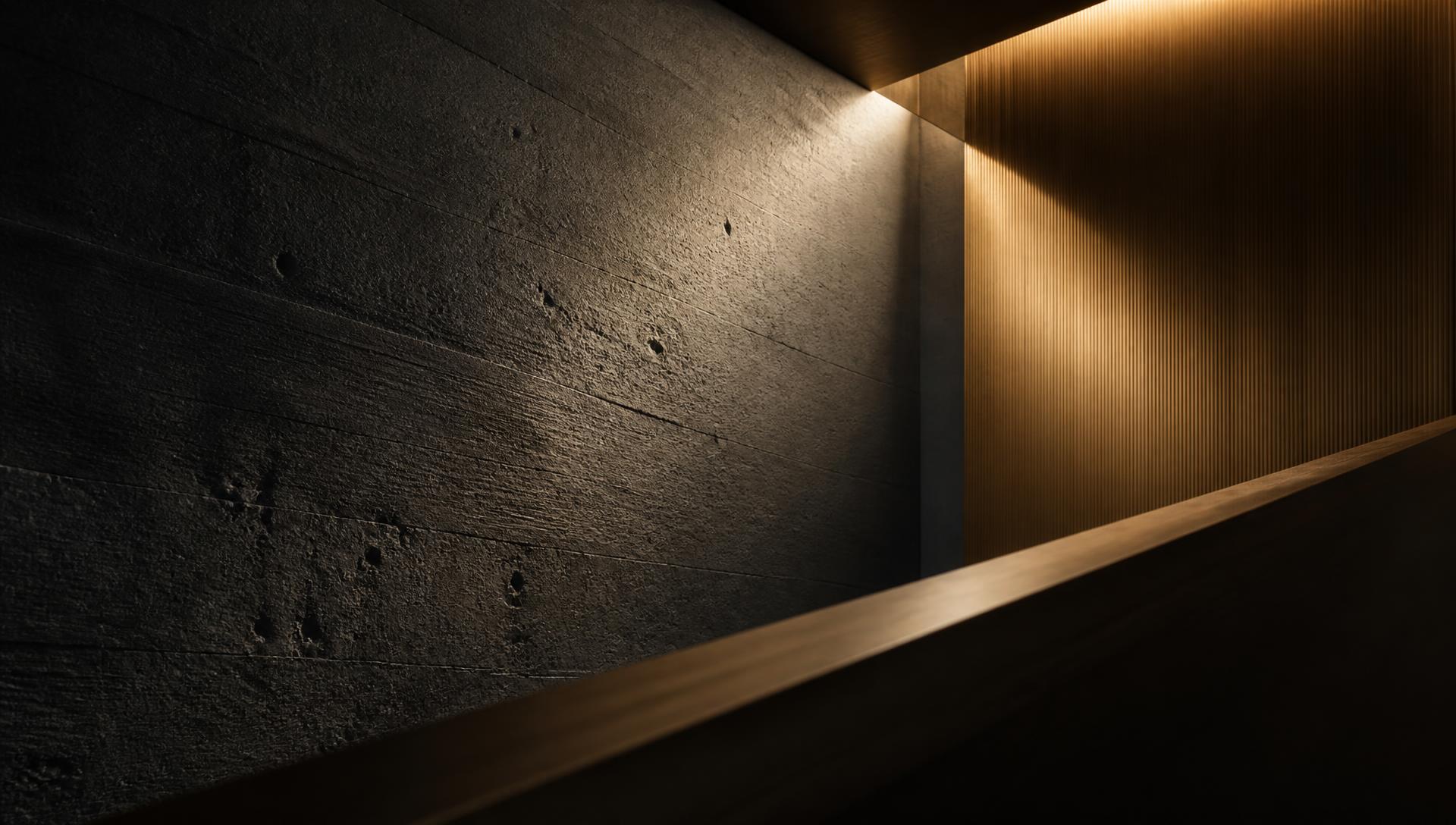 Warm timber and concrete surfaces in a softly lit interior