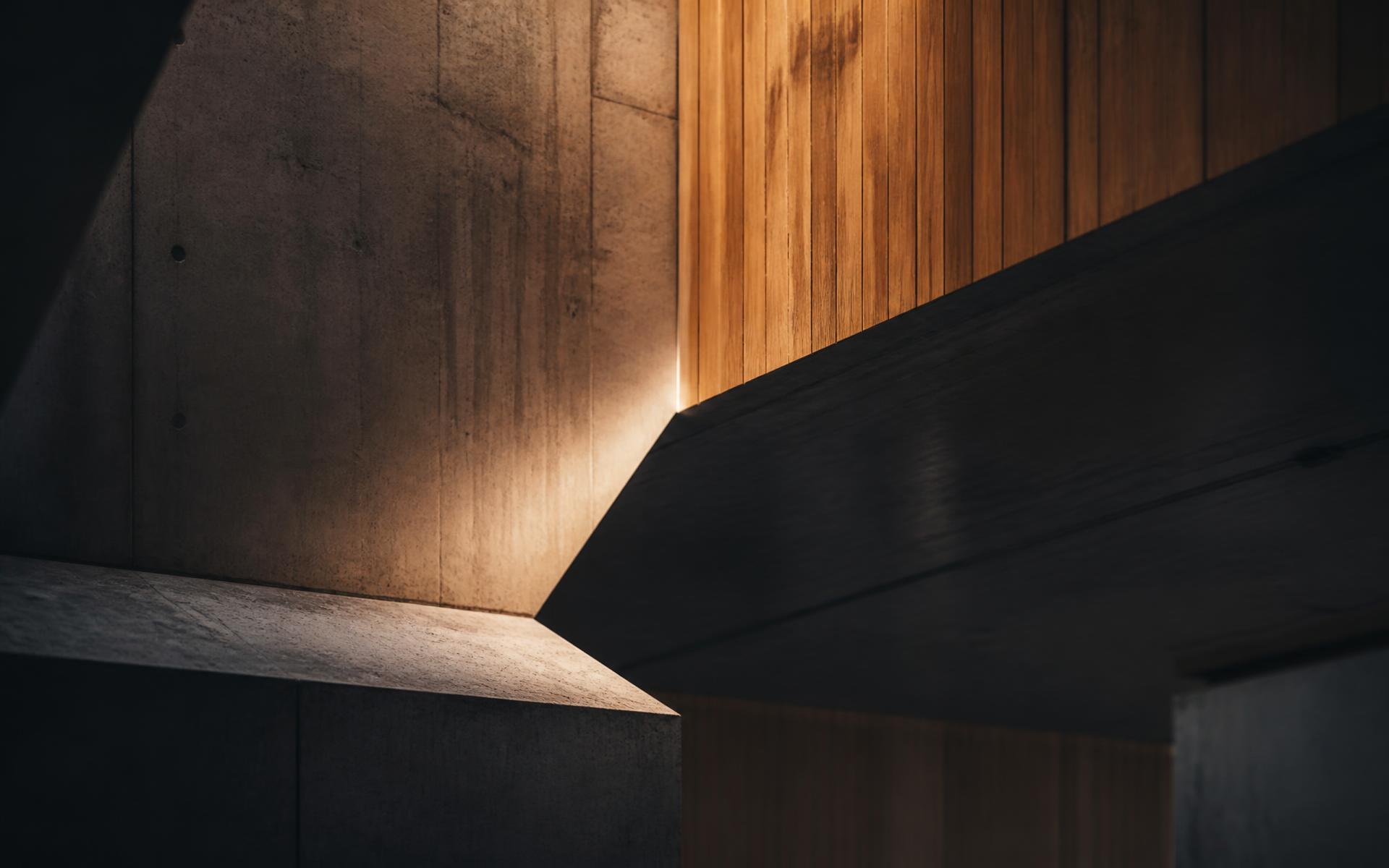 Warm timber and concrete surfaces meeting in a softly lit interior